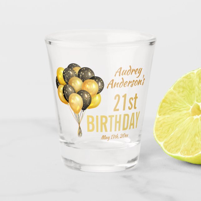 Verre A Shot Ballons noir et or élégant 21e anniversaire (Devant)