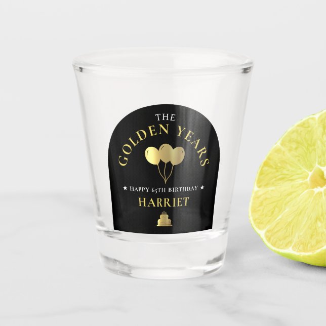 Verre A Shot Black & Gold Golden Years 65e fête d'anniversaire (Devant)
