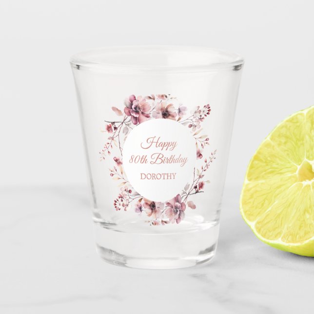 Verre A Shot Bougogne personnalisée Dusty Rose Floral 80e anniv (Devant)