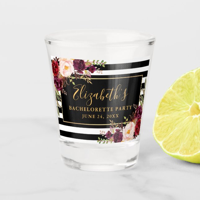 Verre A Shot Bourgogne Floral Rayé Enterrement de Vie de Jeune  (Devant)