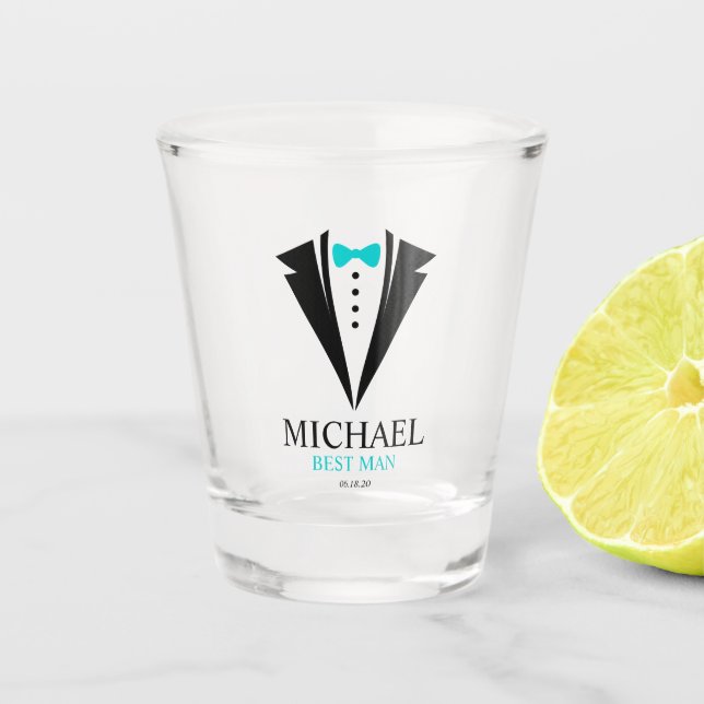 Verre A Shot Bright Aqua Bow Cravate "Meilleur Homme" Tuxedo (Devant)