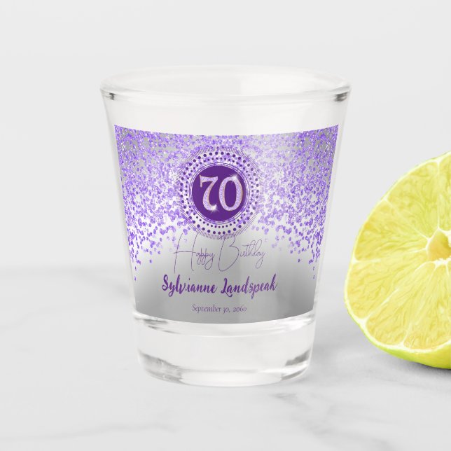 Verre A Shot Cadeau de 70e anniversaire pailleté chic argent et (Devant)