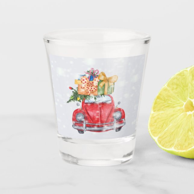 Verre A Shot Cadeaux de Noël de la Voiture Rouge neige et arbre (Devant)