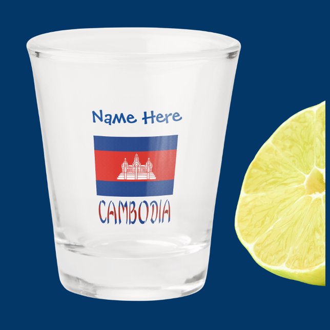 Verre A Shot Cambodge Drapeau cambodgien bleu Personnalisé (Cambodian Flag on shot glass has the word CAMBODIA below in flag colors. Add name in blue text above)