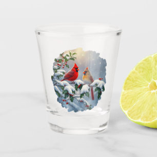 Verre A Shot Cardinaux rouges et houx dans la neige