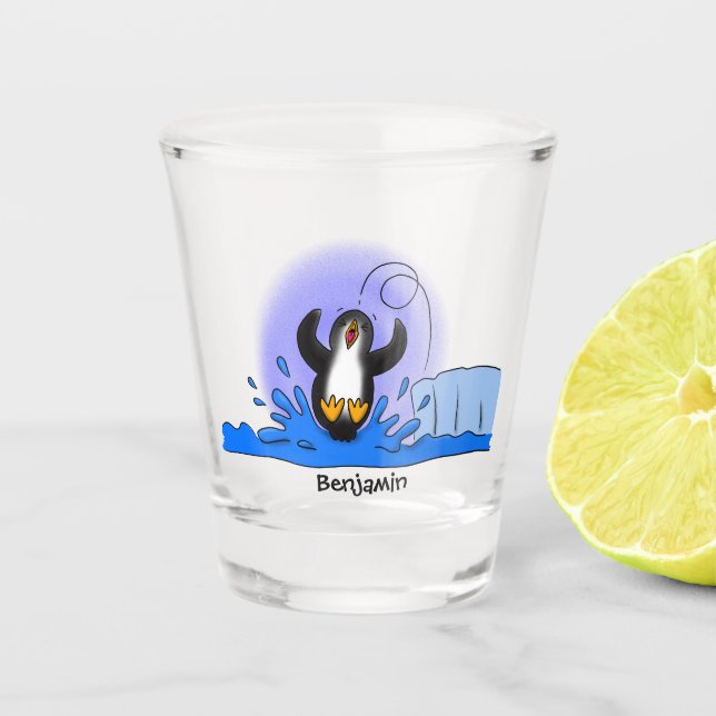 Verre A Shot Caricature de manchot joyeux sautant (Devant)