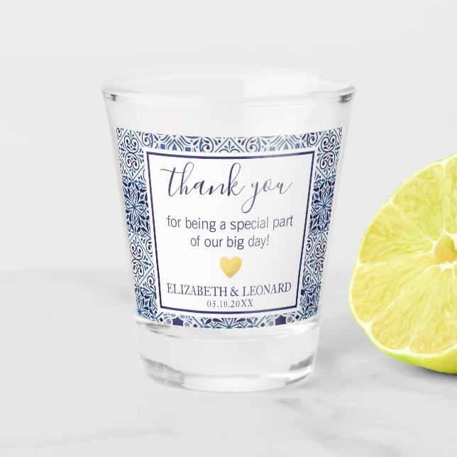 Verre A Shot Carreaux bleus Mariage Favor Merci (Devant)