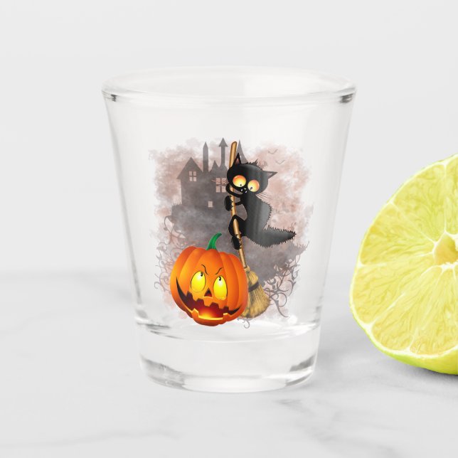 Verre A Shot Chat effrayé par Citrouille Fun Halloween caractèr (Devant)
