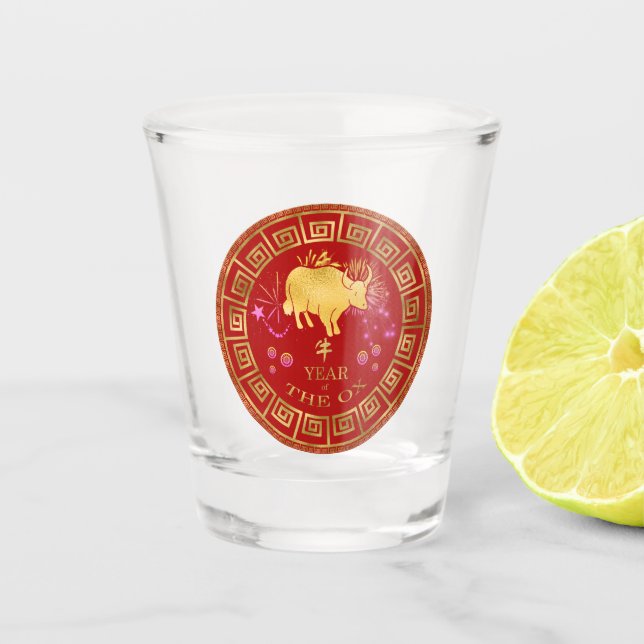 Verre A Shot Chinois Zodiac Ox Rouge/Or ID542 (Devant)