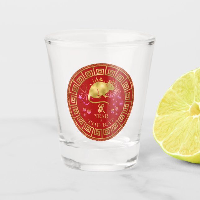 Verre A Shot Chinois Zodiac Rat Rouge/Or ID542 (Devant)