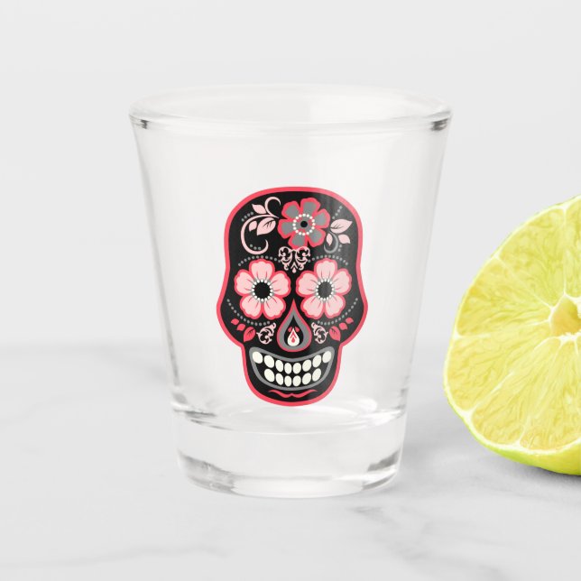 Verre A Shot Crâne noir avec fleurs (Devant)