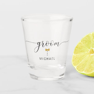 Verre A Shot Cravate de script moderne Chic Groom Gold Bow Nom