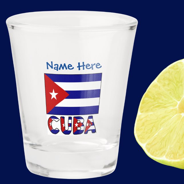 Verre A Shot Cuba et bleu foncé Drapeau cubain Personnalisation (Shot glass with Cuban flag and the word CUBA below in the flag colors. Add a name above.)