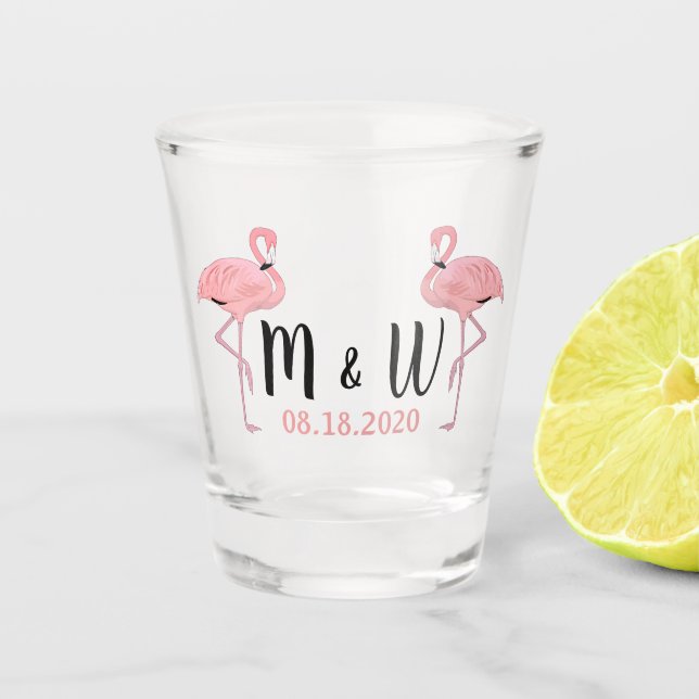 Verre A Shot Date personnalisée Monogramme joli Flamants roses  (Devant)