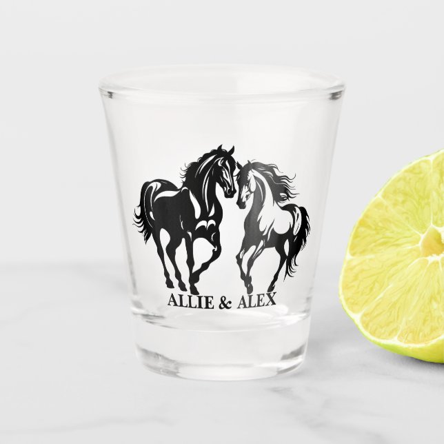 Verre A Shot Deux chevaux en amour noir blanc cheval couple amo (Devant)
