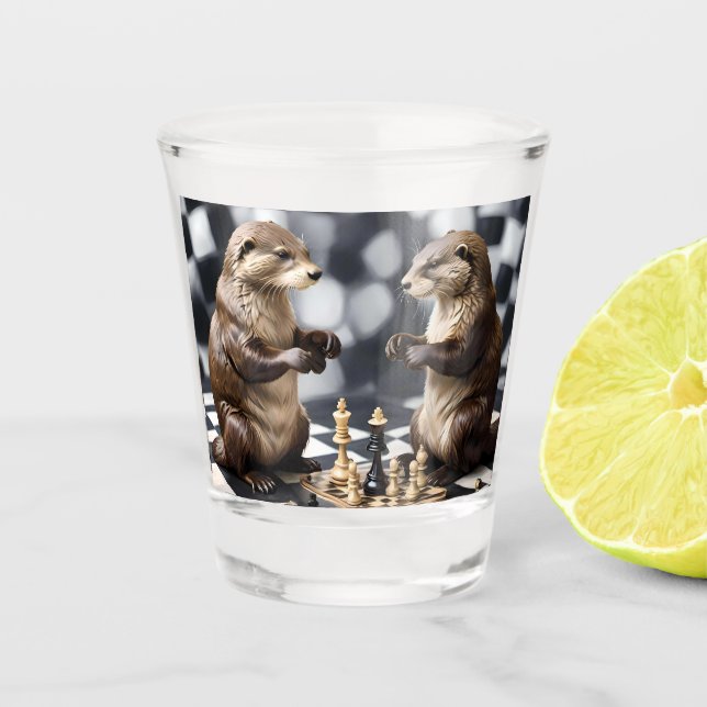 Verre A Shot Deux Otters Jouant Aux Échecs, (Devant)
