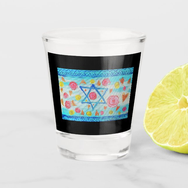 Verre A Shot Drapeau israélien lunaire avec fleurs & coeurs (Devant)