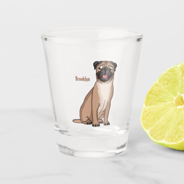 Verre A Shot Drôle joyeux dessin animé de chien de carlin (Devant)