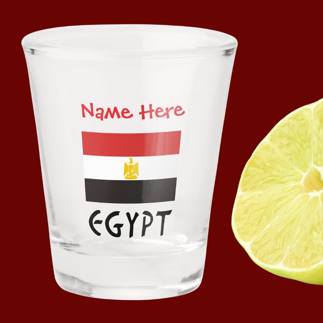 Verre A Shot Égypte Drapeau égyptien Rouge Personnalisé (Egyptian Flag on shot glass has the word EGYPT below in black letters. Add name above in red letters)