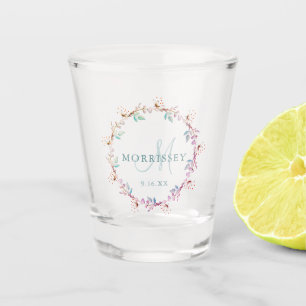 Verre A Shot Élégant mariage Floral Wreath Monogramme Nom Date