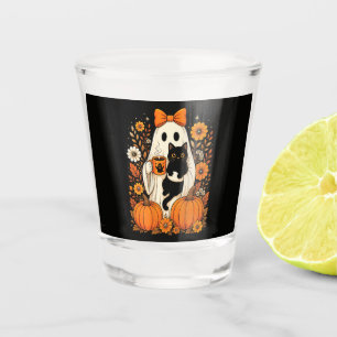 Verre A Shot Fantôme groovy d'Halloween tenant un chat noir flo