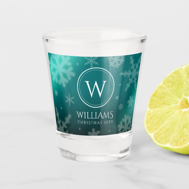 Verre A Shot Festif Blue Foil Snowflakes Monogramme Nom (Devant)