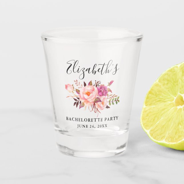 Verre A Shot Fête de la bachelorette florale rose Aquarelle (Devant)