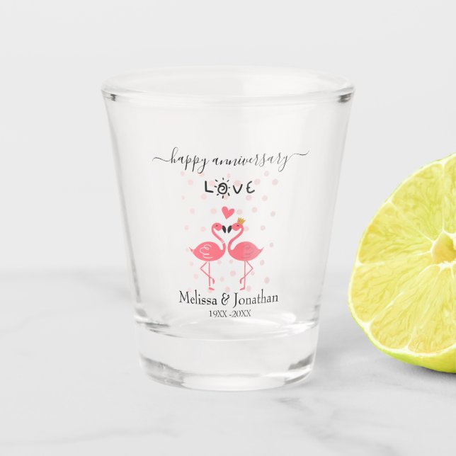 Verre A Shot Flamants roses mignons en amour Anniversaire (Devant)