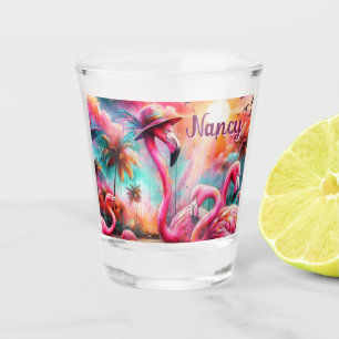 Verre A Shot Flamants roses roses tropicaux Palmiers Personnali