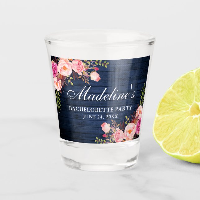 Verre A Shot Fleur rose Bleu Bois Bachelorette Party (Devant)
