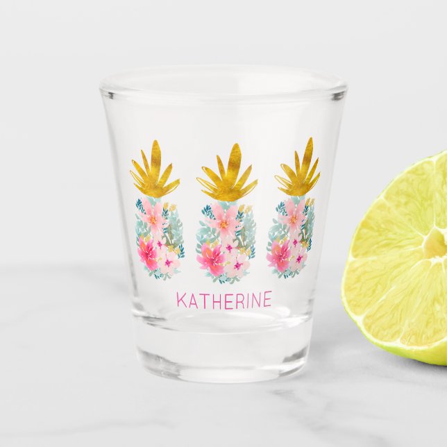 Verre A Shot Fleurs tropicales roses et ananas (Devant)