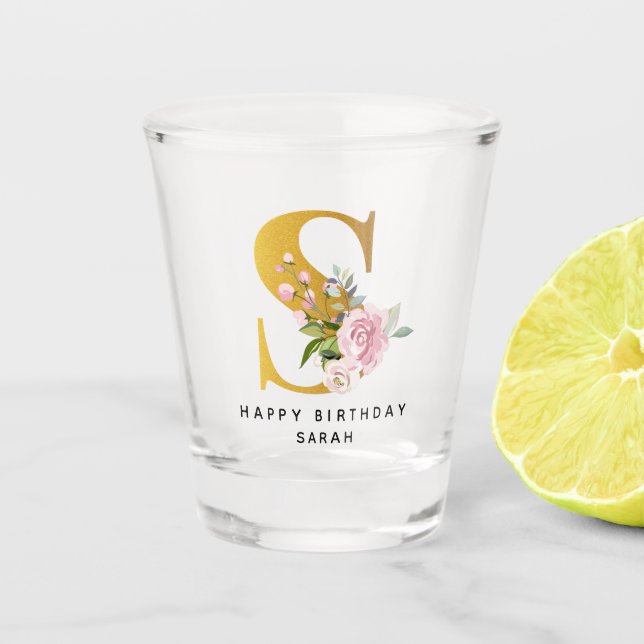 Verre A Shot Floral Monogramme S Anniversaire Nom Personnalisé (Devant)