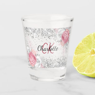 Verre A Shot Flores rose argent élégant nom monogramme