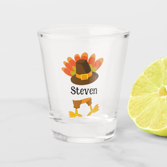 Verre A Shot Fun Thanksgiving Turquie Queue & Pilgrim Casquette (Devant)