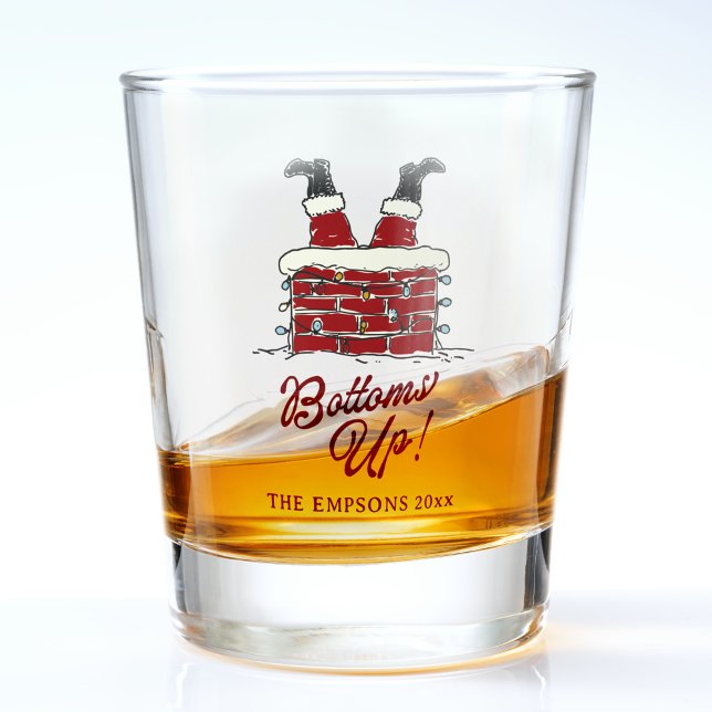 Verre A Shot Funny Merry Christmas Santa Bottoms Up Friendmas (Funny Christmas shot glass with Santa’s legs upside down in a chimney and text reading Bottoms Up)