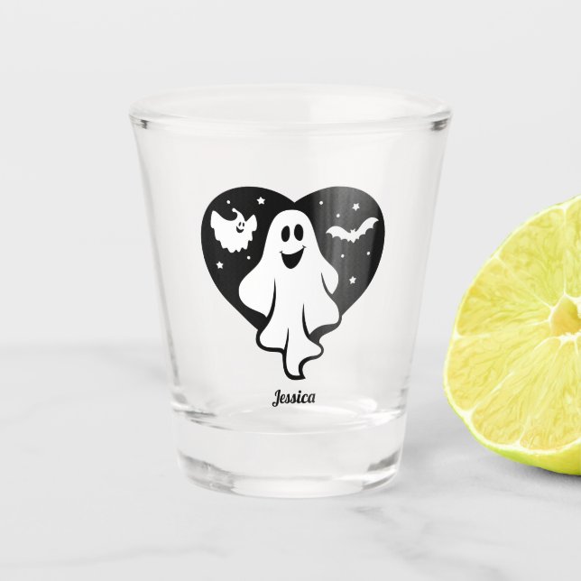 Verre A Shot Ghost Halloween mignon Avec Coeur Et Chat (Devant)