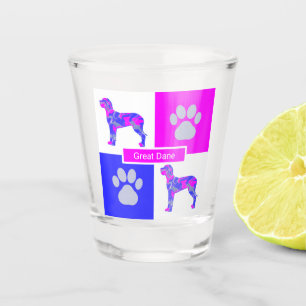 Verre A Shot Grand Dane Silhouette Chien & Paw Pink Blue Carré