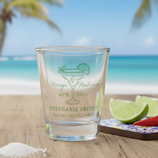Verre A Shot Green Margs and Matrimony Bachelorette Party  (Set the tone for a lively pre-wedding celebration with this mint green “Margs & Matrimony”  glass)