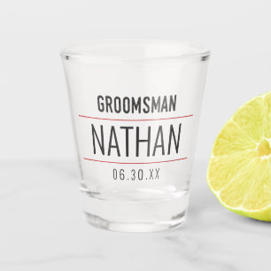 Verre A Shot Groomsman Moderne Rouge Noir Typographie Monogramm