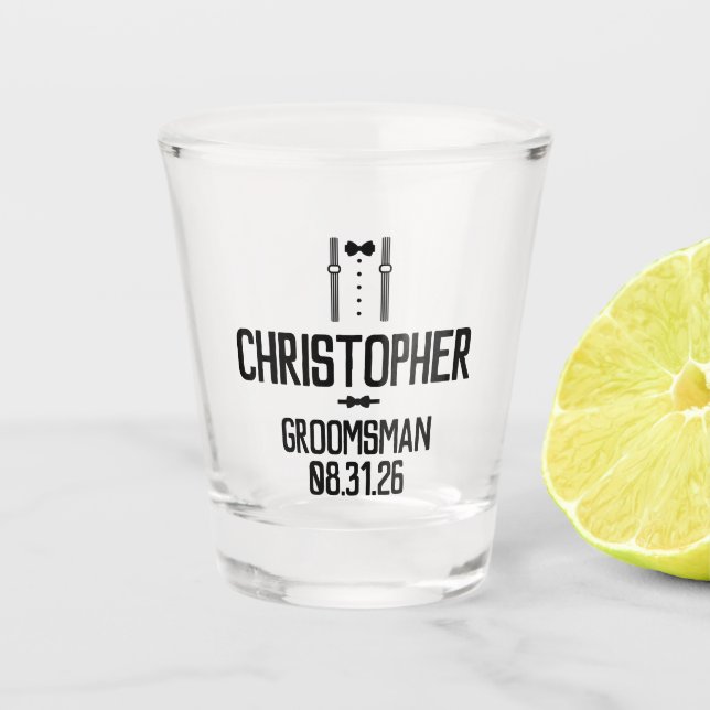 Verre A Shot Groomsman Typographie noire Tuxedo (Devant)