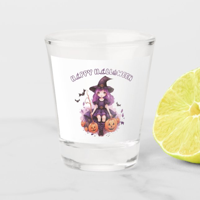 Verre A Shot Happy Halloween violet sorcière Citrouilles et cha (Devant)
