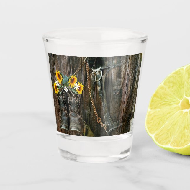 Verre A Shot Horse Cowboy Boots Sunflowers Rustic Barque (Devant)
