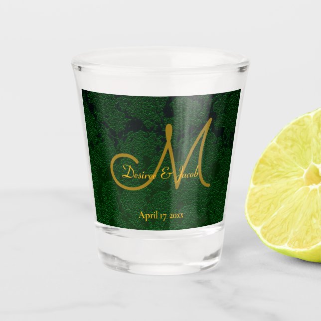 Verre A Shot Hunter Green Gold Mariage Réception Monogramme (Devant)
