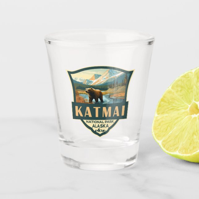 Verre A Shot Illustration du parc national de Katmai Badge rétr (Devant)