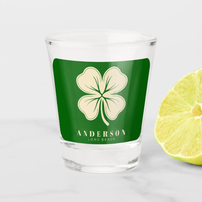 Verre A Shot Irlandais Lucky Four Leaf Clover avec le nom vert (Devant)