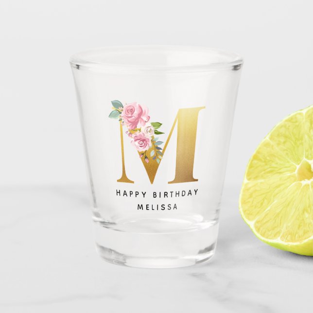 Verre A Shot Joyeux Anniversaire Monogramme Floral Personnalisé (Devant)