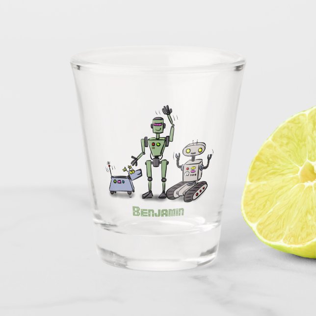 Verre A Shot Joyeux joli dessin de trois robots trio (Devant)