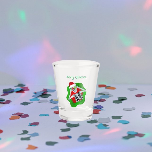 Verre A Shot Joyeux squelette de Noël en Casquette rond brillan (Merry Christmas skeleton ornament eyes red green wavy circle on shot glass.)