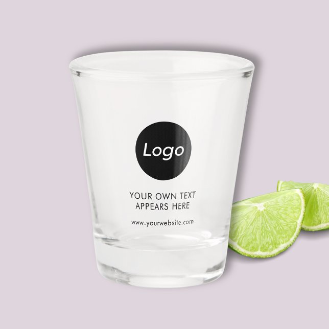 Verre A Shot Logo de marque (Logo merchandise custom business shot glass with logo, slogan & website. Corporate events & branding)