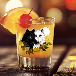 Verre A Shot Loups Blancs Noirs Clair de Lune Feuilles d'Automn